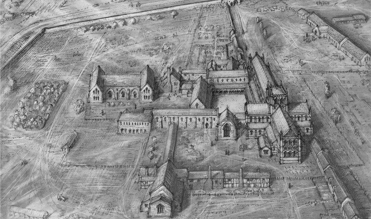 David Vale's reconstruction of Bardney Abbey in 1536 (image subject to copyright)