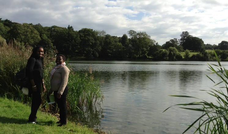 Freda and Jackie at the beautiful lake and sculpture garden at Burghley House