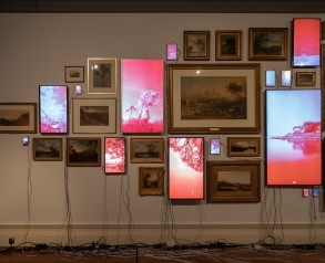 Evan Roth’s Red Lines with Landscapes at the Usher Gallery, 2019. Photograph by Jules Lister